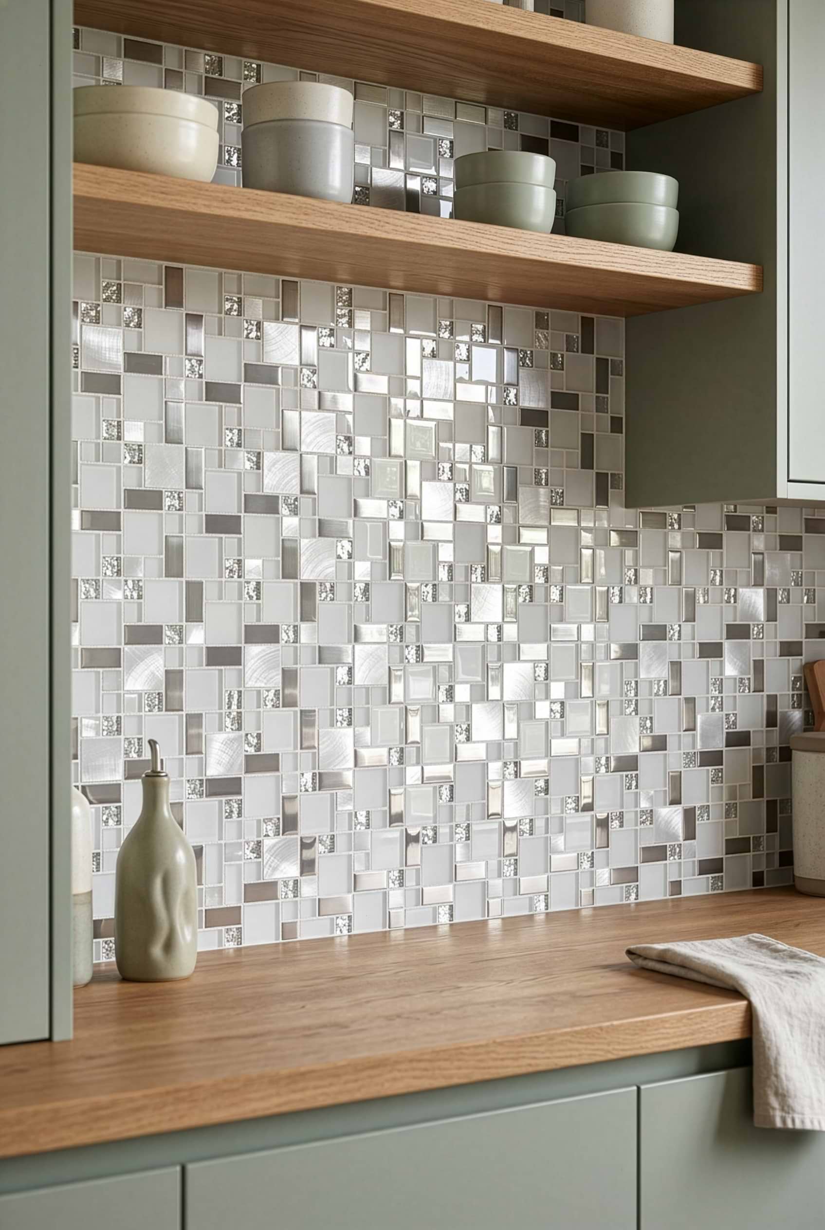 White Glass Metal Mosaic Kitchen Tile BA1138