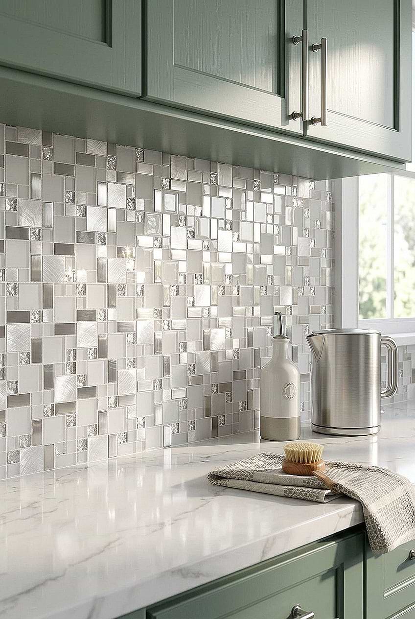White Glass Metal Mosaic Kitchen Tile BA1138