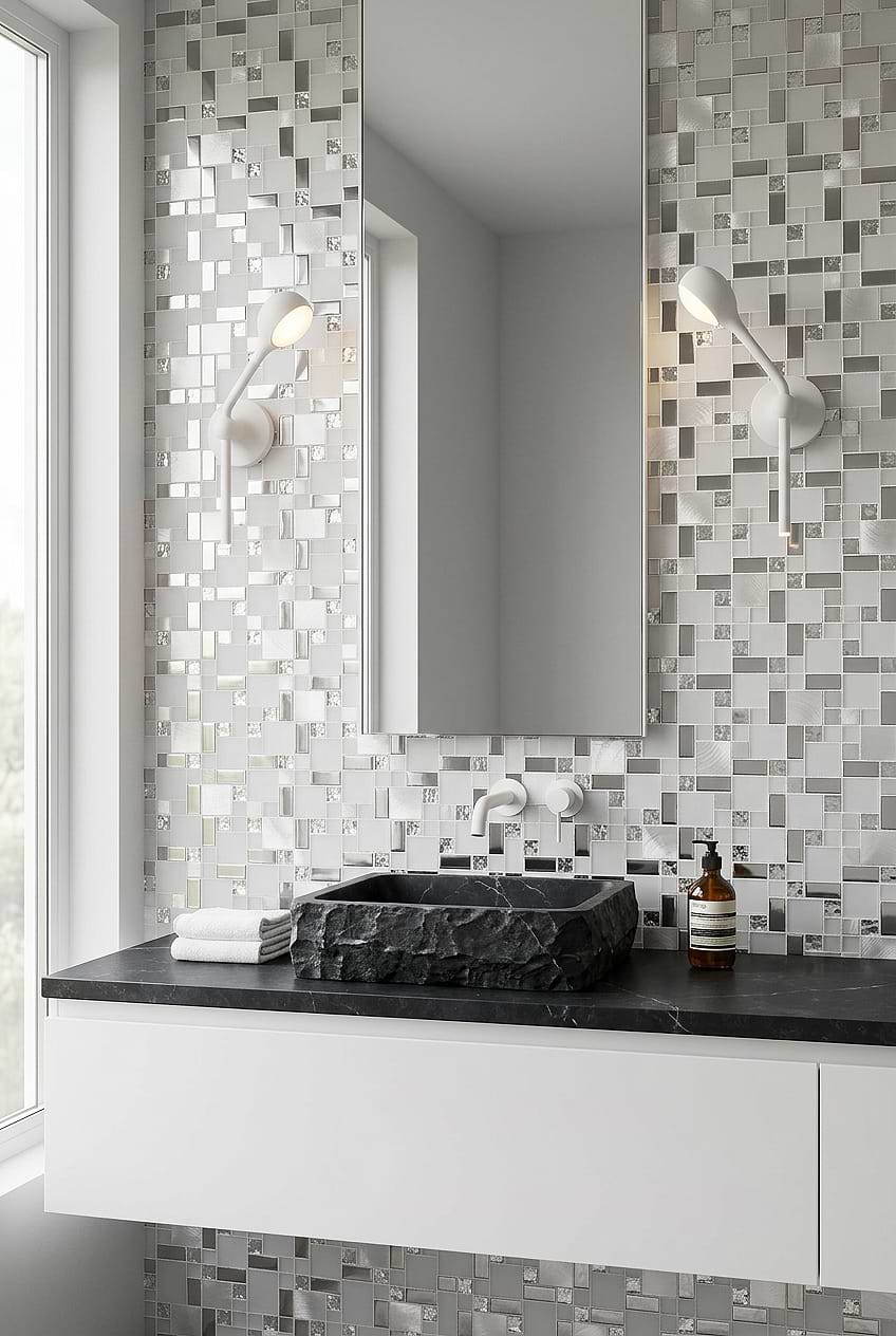 White Glass Metal Mosaic Vanity BA1138