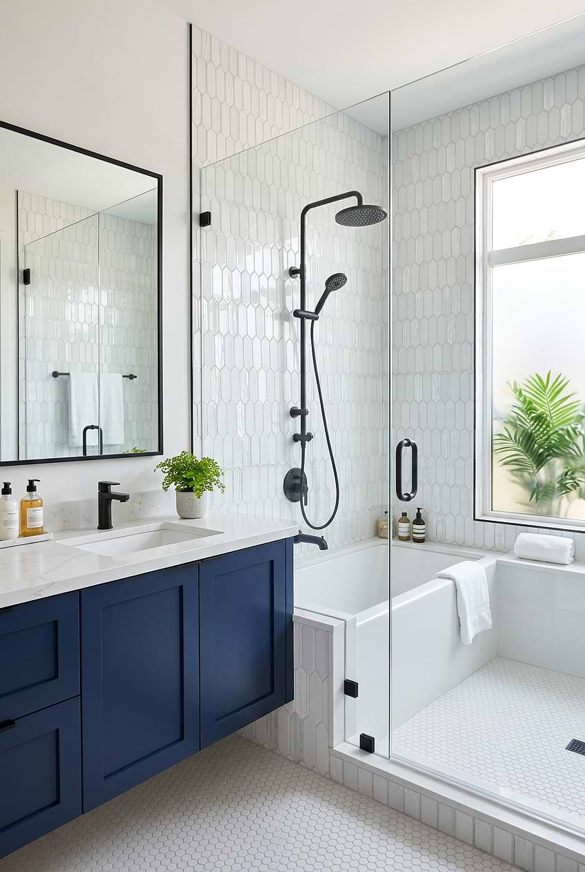 Pearl White Glass Picket Shower Tile with Navy Shaker Vanity BA6701