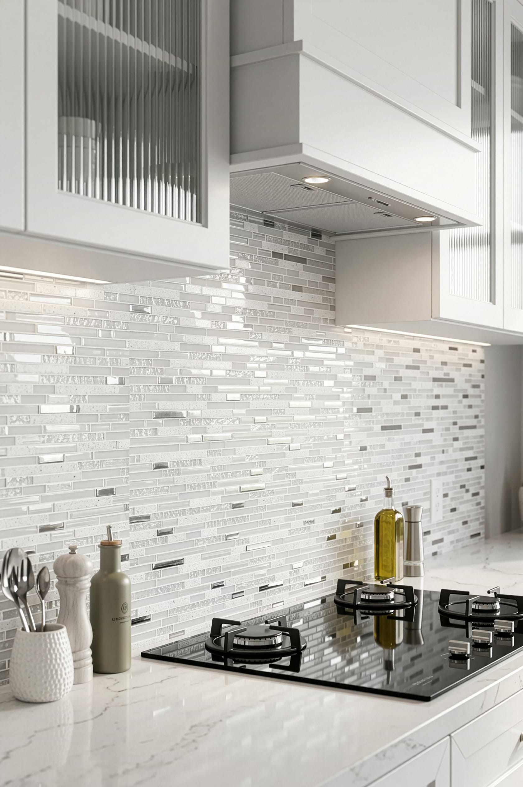 White Glass Quartz Linear Mosaic Kitchen BA62038