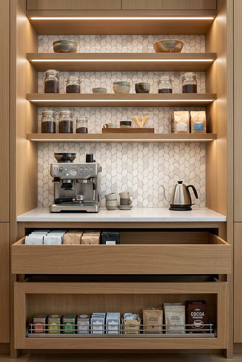 White Gray Leaf Coffee Station Backsplash BA6316
