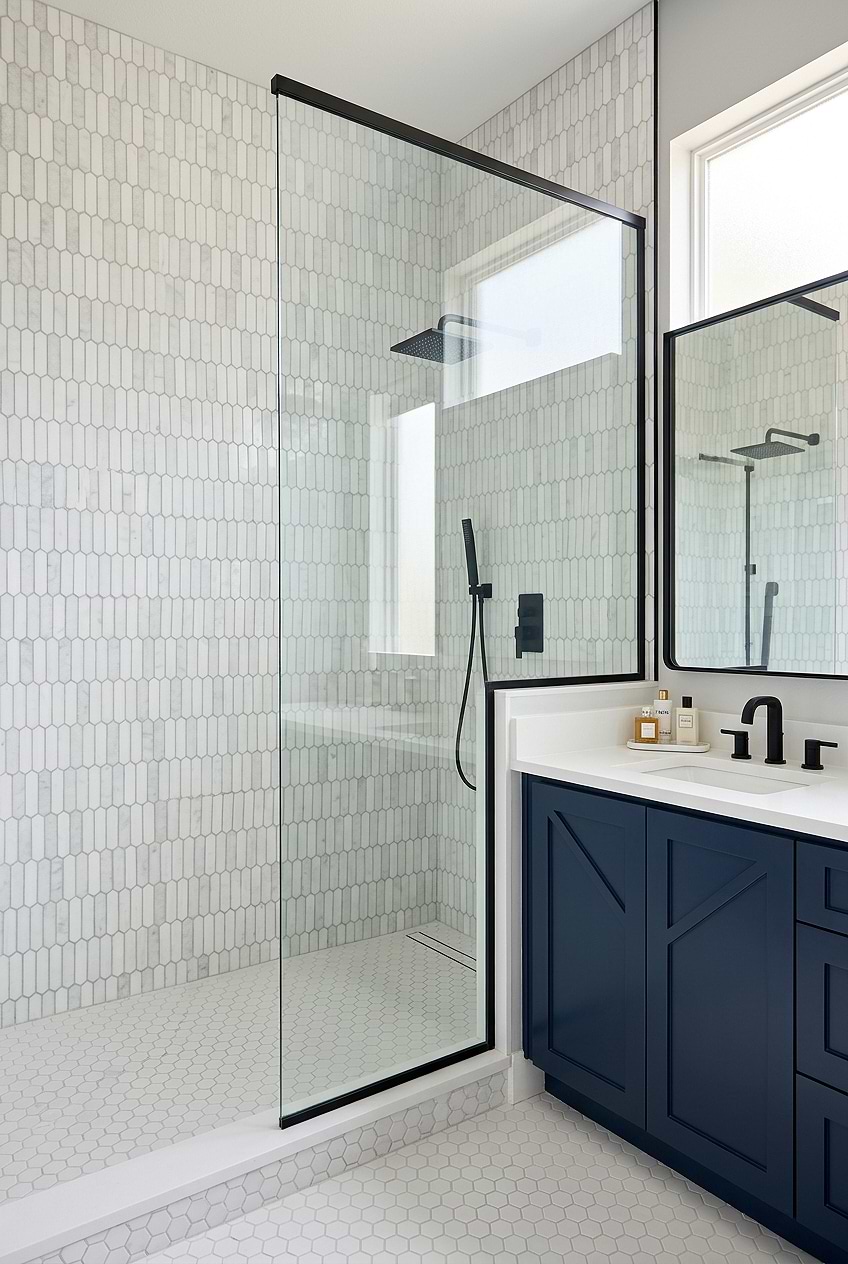 Full-Height White Gray Marble Picket Shower Wall with Navy Vanity BA6321