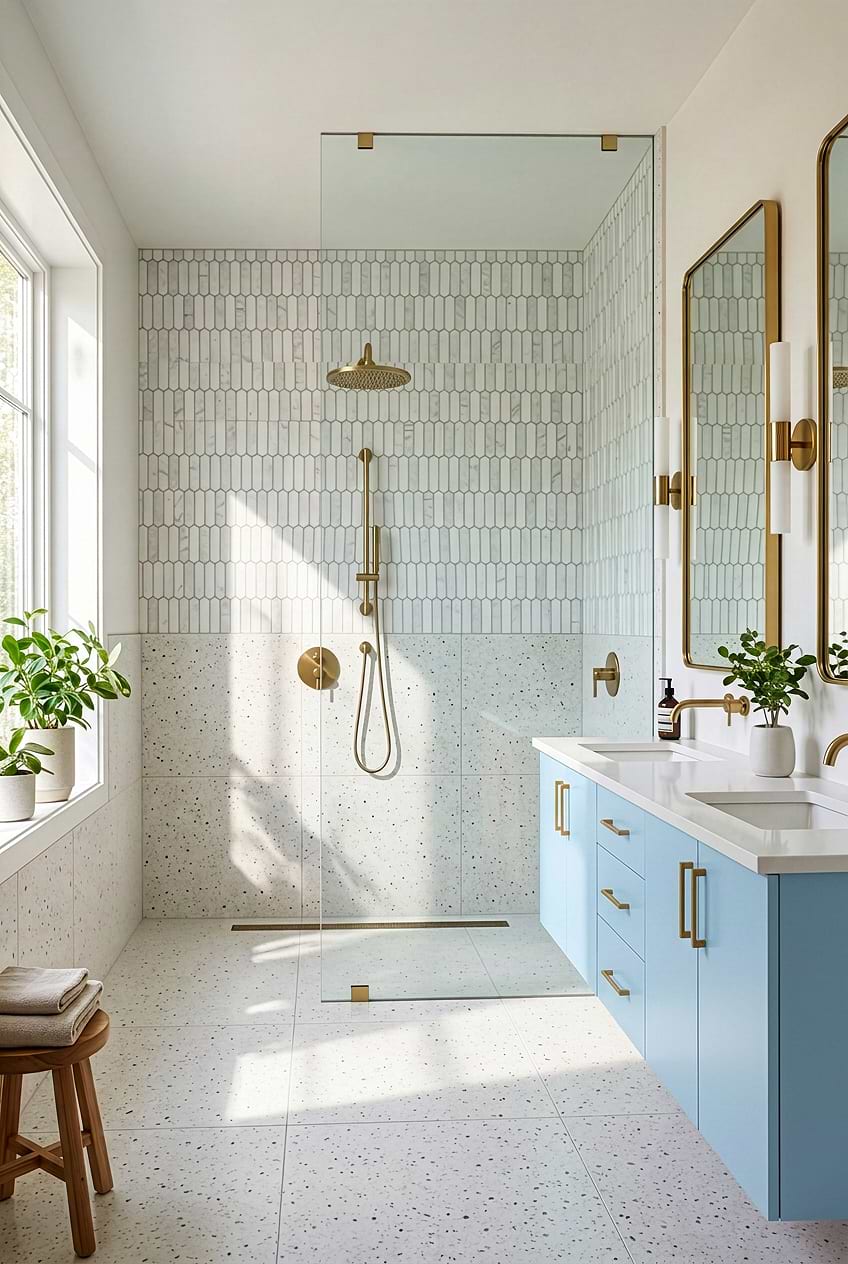 White Gray Marble Picket Tile in Walk-In Shower BA6321