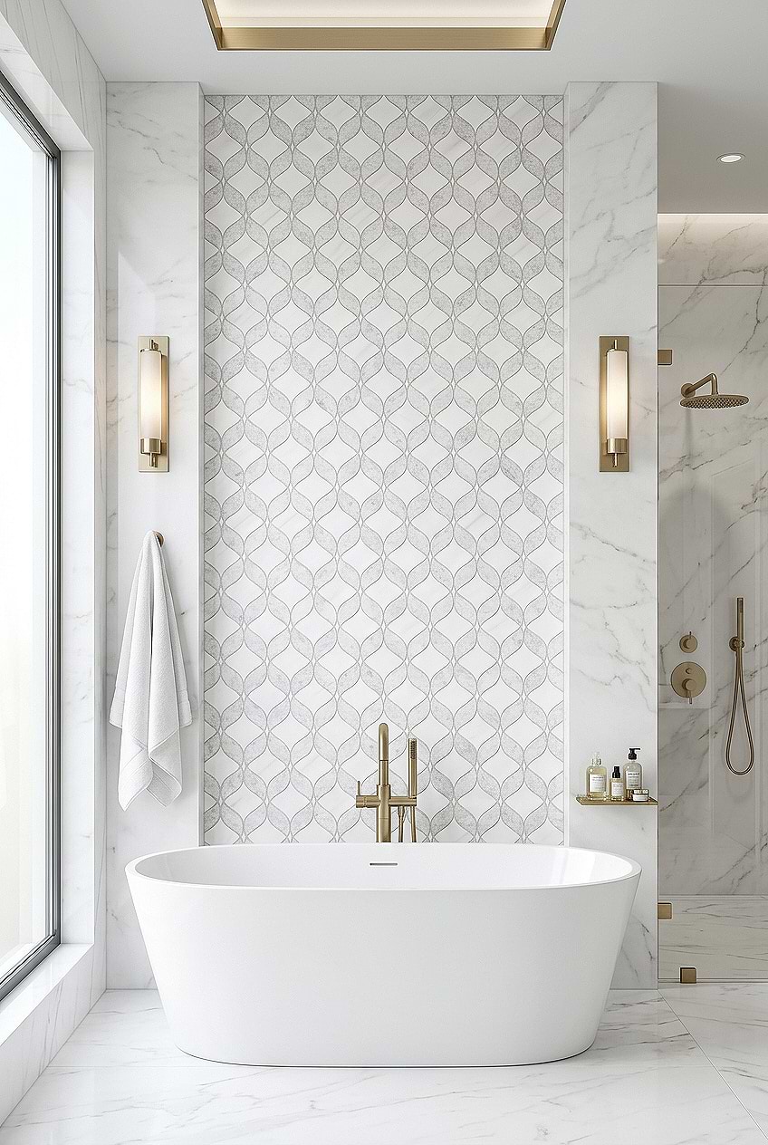 White Gray Waterjet Marble Bathroom Feature Tile BA6317