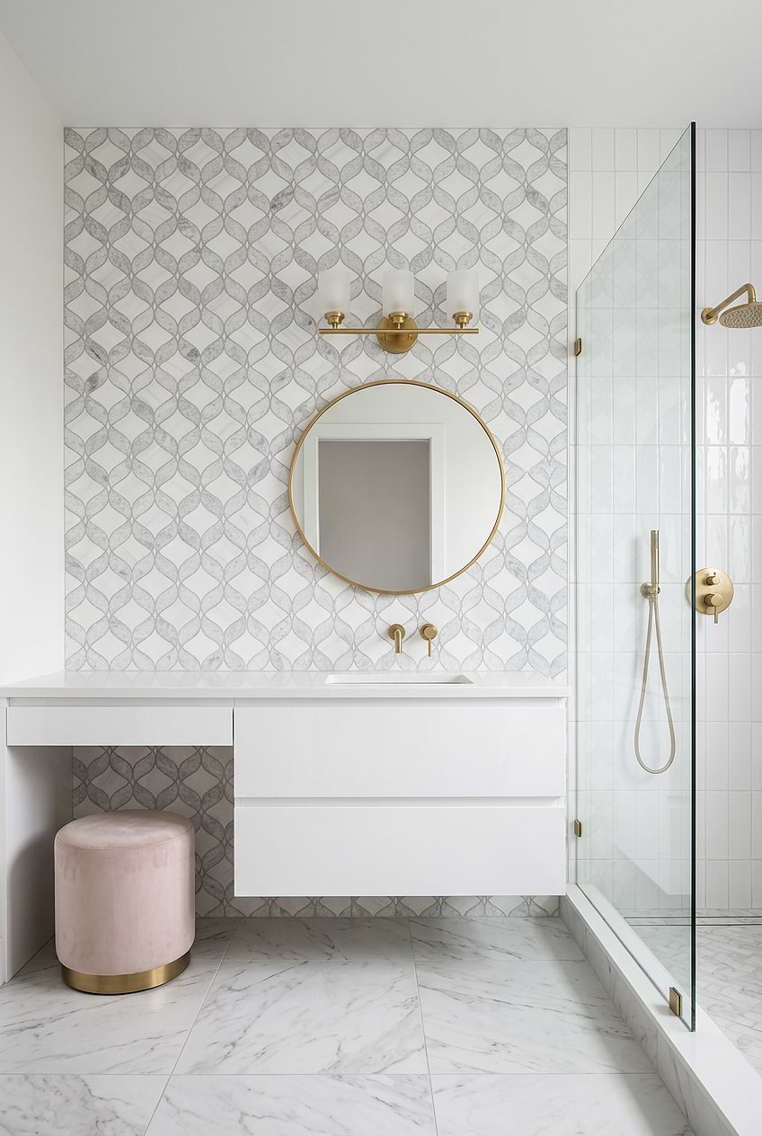 White Gray Waterjet Marble Bathroom Tile BA6317