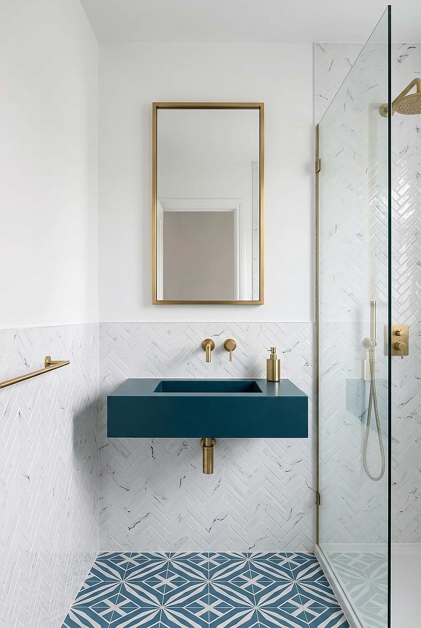 White Herringbone Glass Bathroom Tile Blue Vanity BA5503