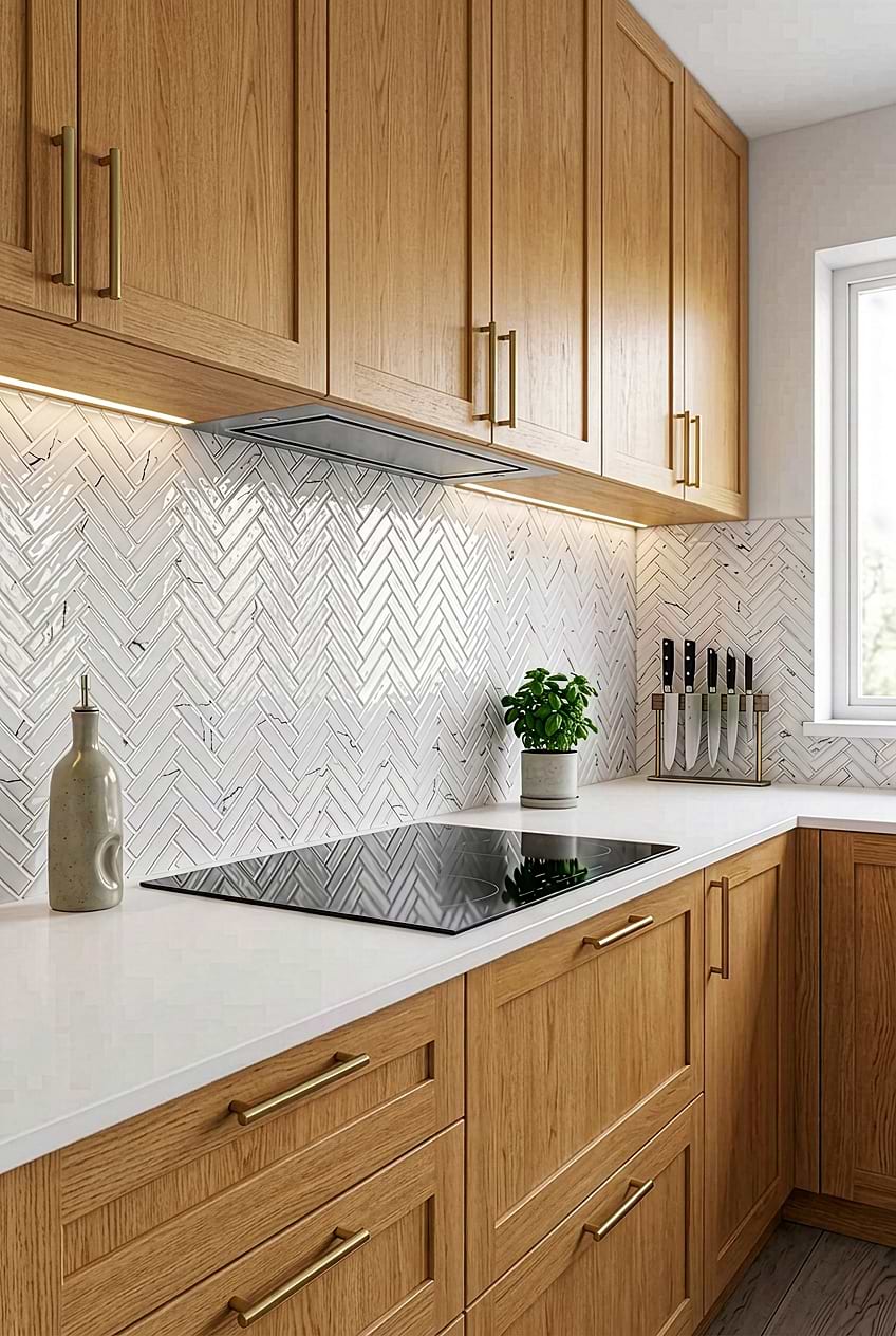 White Herringbone Glass Kitchen Tile BA5503