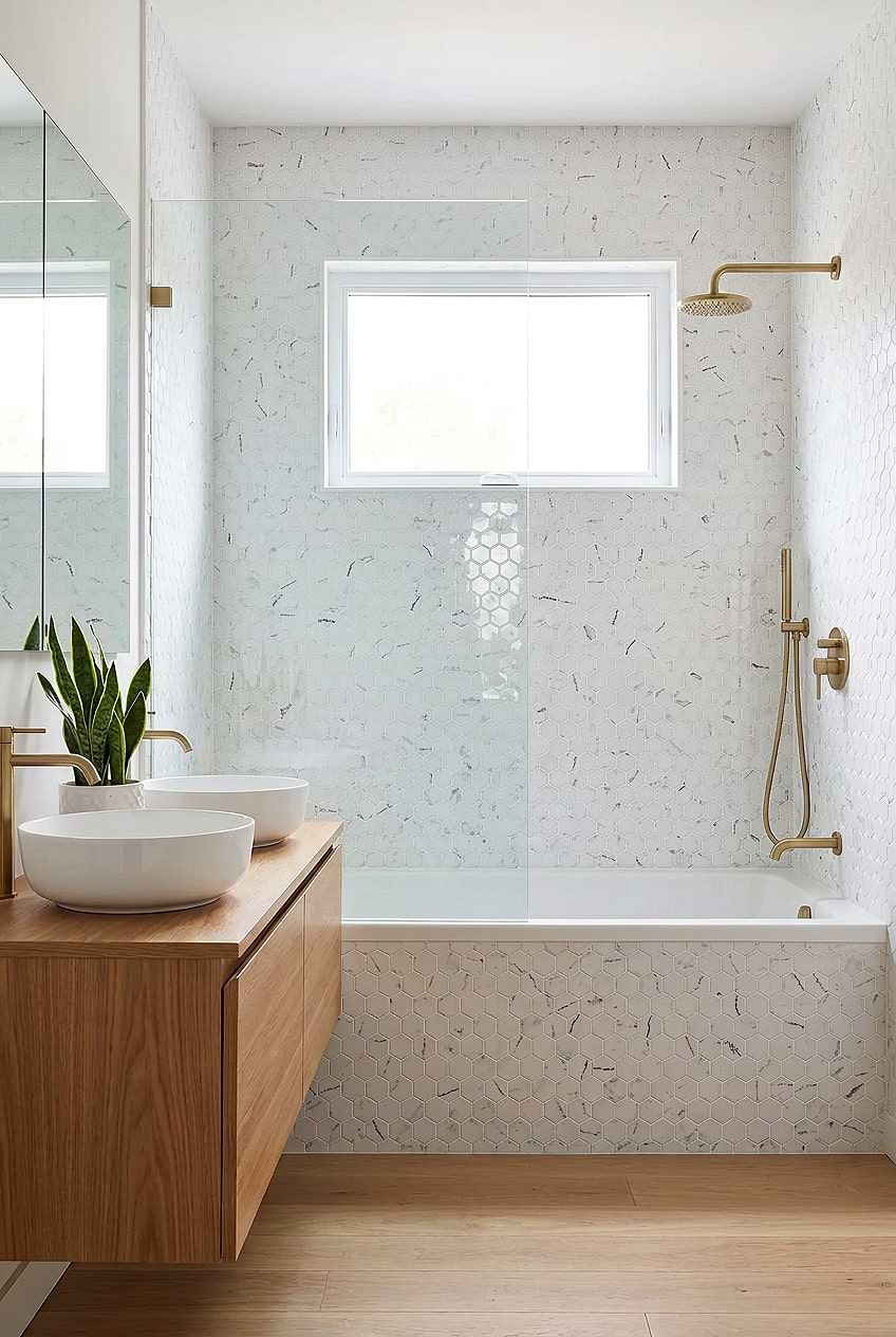 White Hexagon Marble Glass Shower Tile BA5509