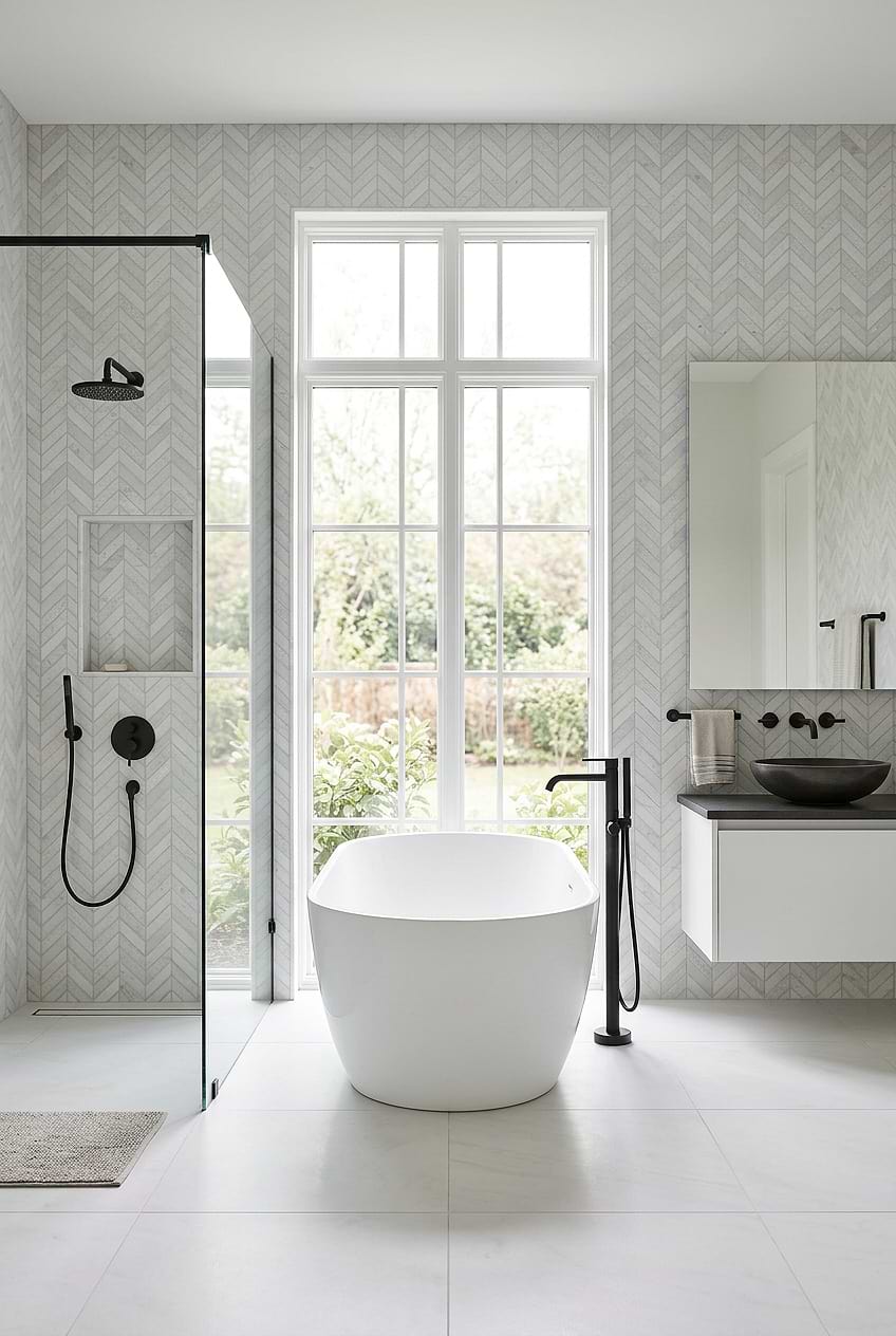 White Marble Chevron Bathroom Wall Tile BA631613