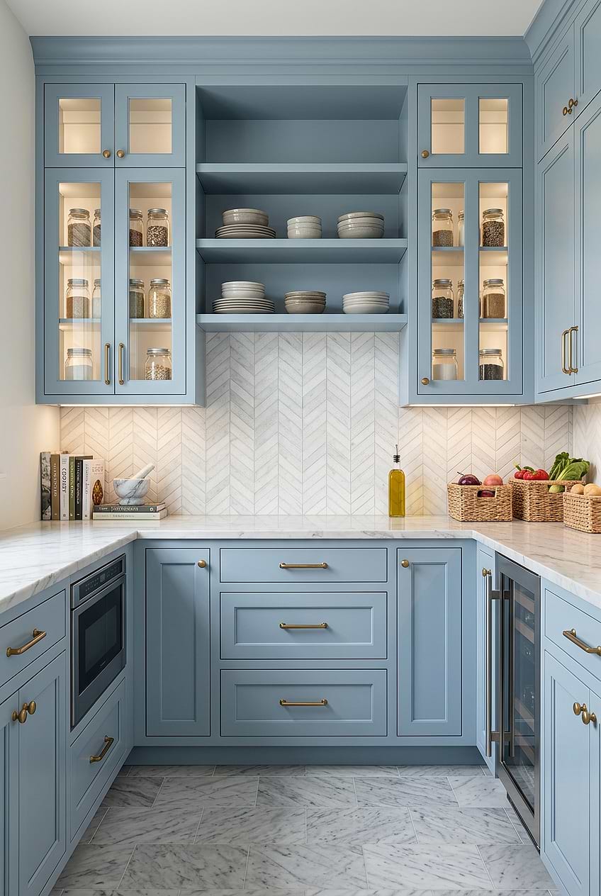 White Marble Chevron Blue Kitchen Tile BA631613