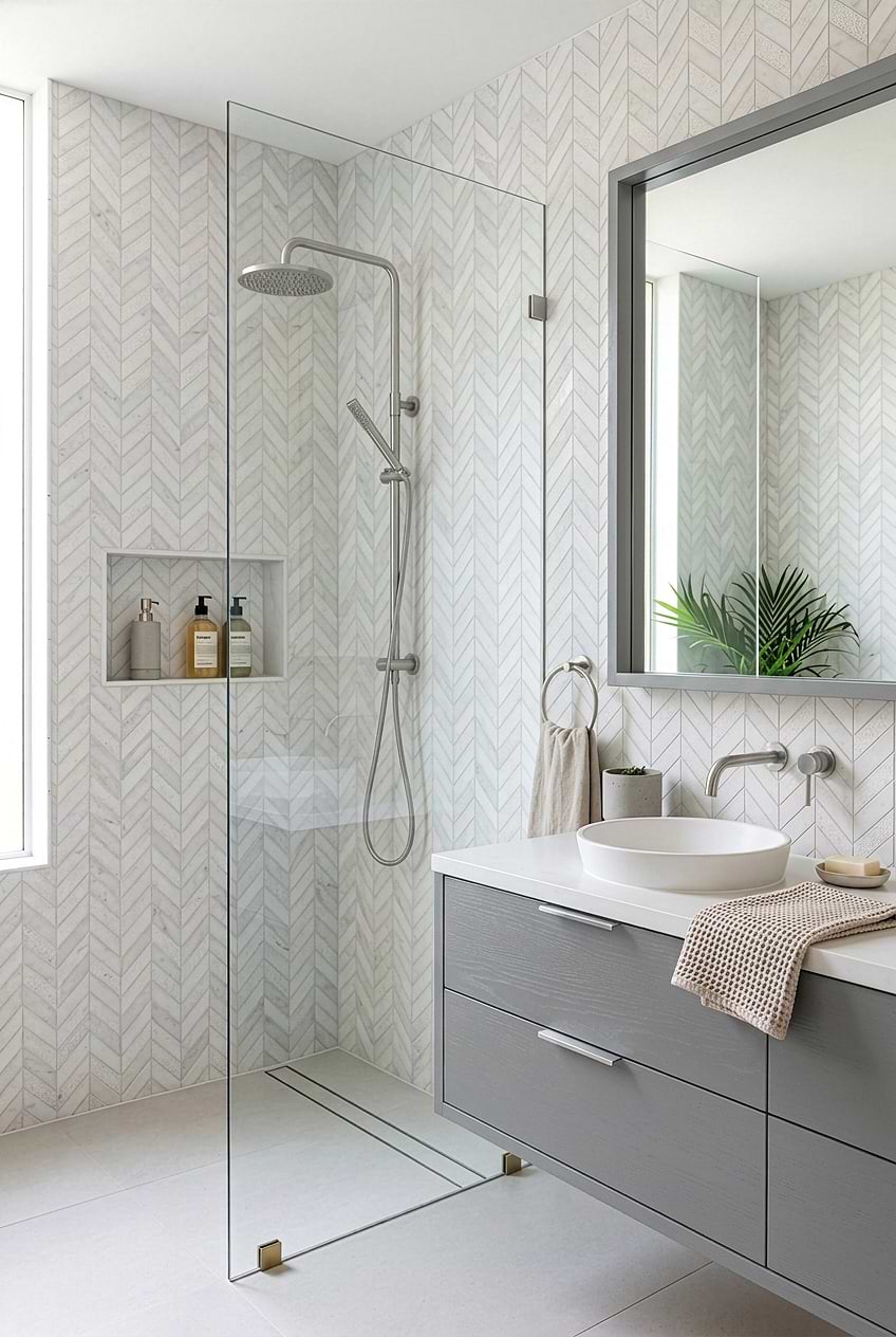 White Marble Chevron Modern Shower Tile BA631613