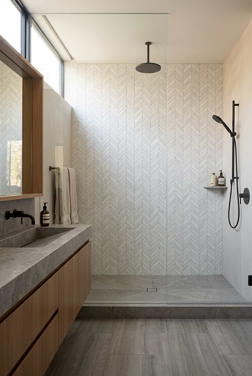 White Marble Chevron Modern Shower Wall BA631613