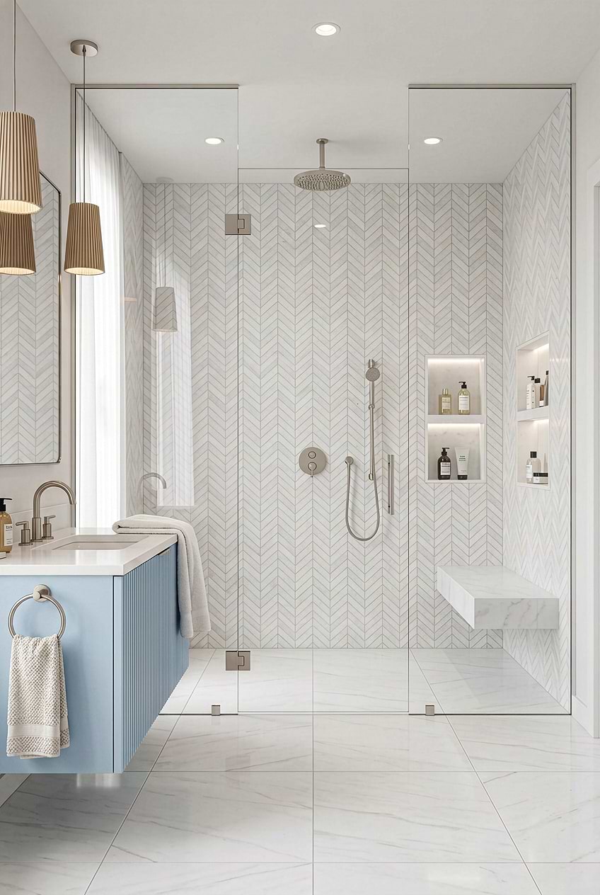 White Textured Marble Chevron Shower Wall with Soft Blue Vanity BA631613