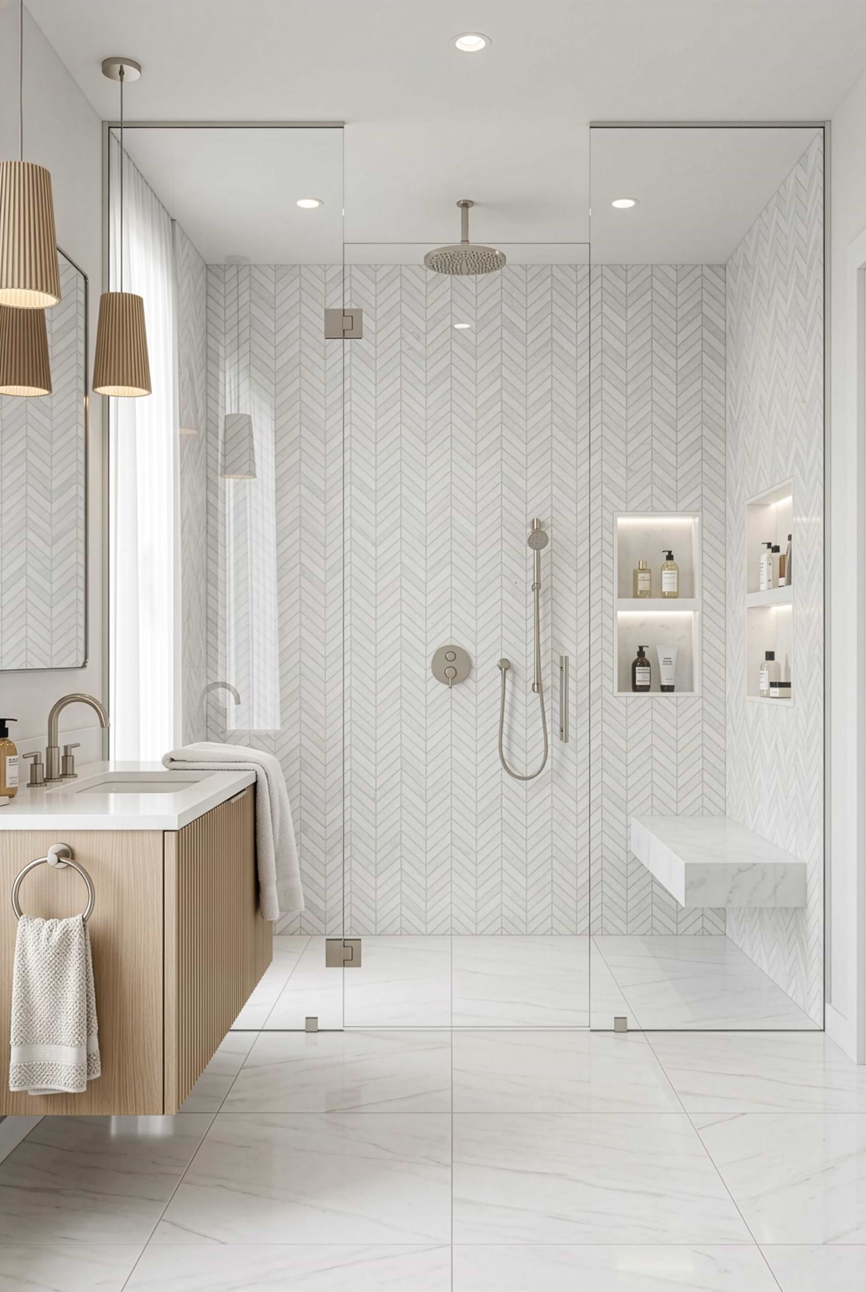 White Marble Chevron Textured Shower Wall Tile BA631613