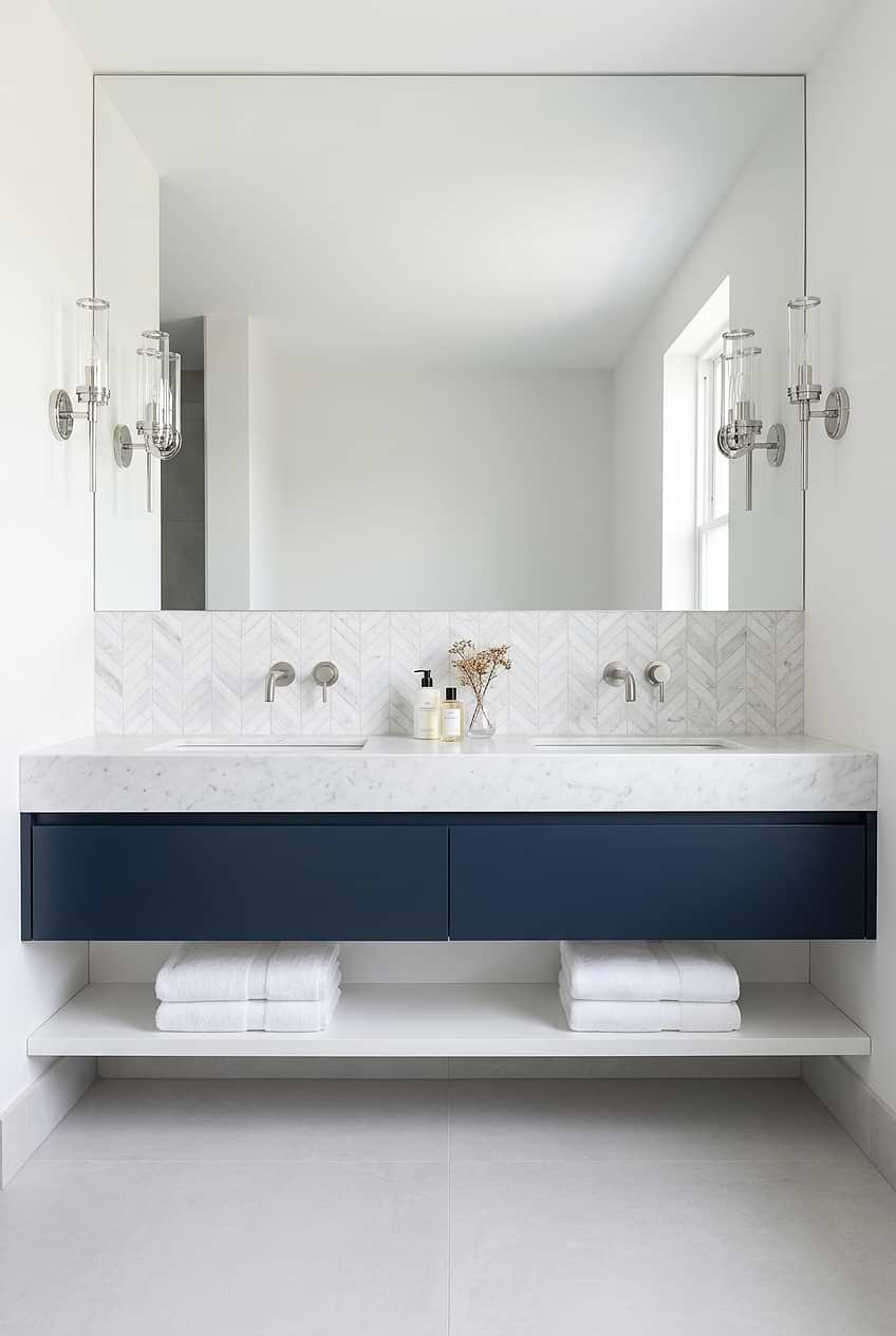 White Textured Marble Chevron Backsplash Above Navy Vanity BA631613