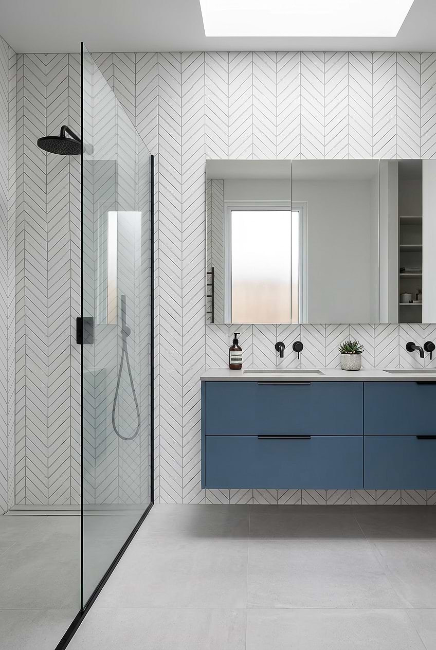 Large White Marble Chevron Feature Wall with Blue Vanity BA6322