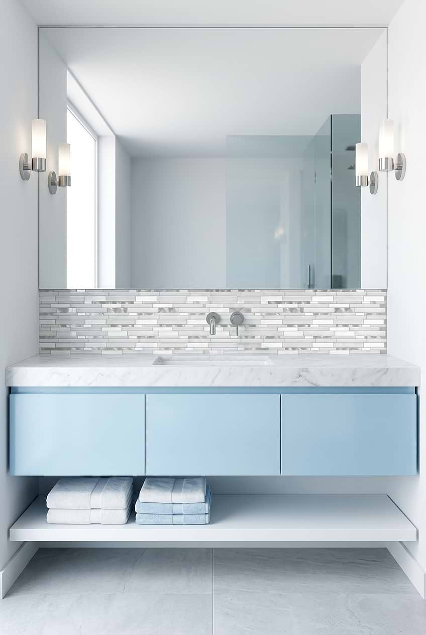 White Marble Glass Metal Linear Mosaic Behind Light Blue Vanity BA62032