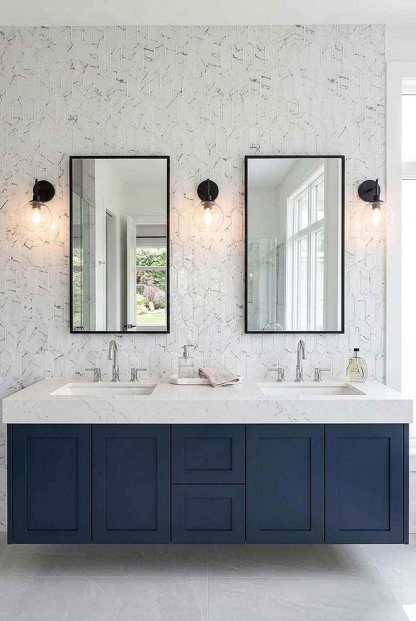 White Marble Look Glass Picket Backsplash with Navy Vanity BA5504