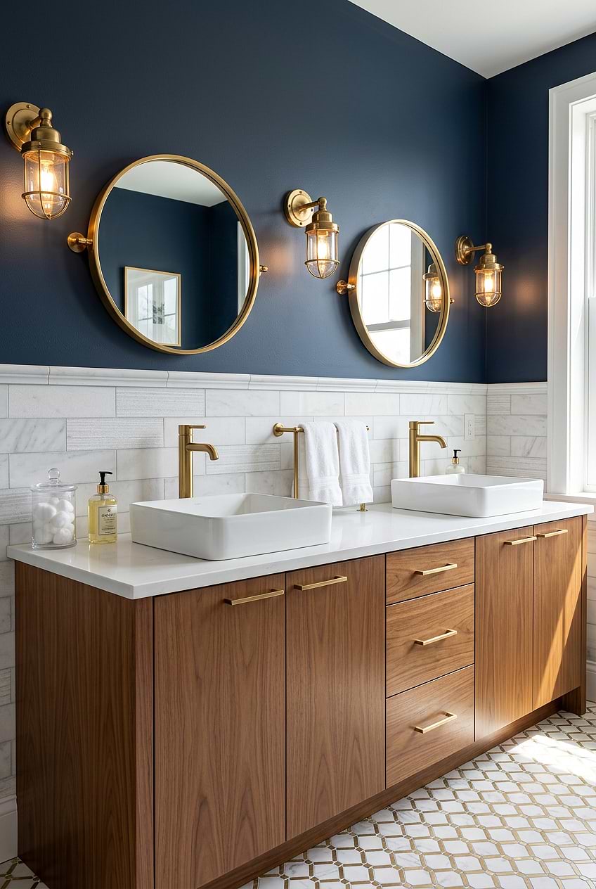 Large White Marble Subway Backsplash with Walnut Vanity BA8035