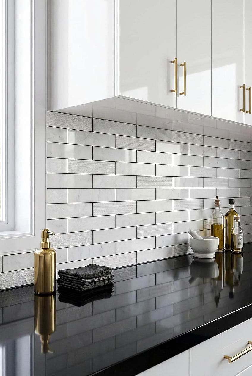 White Marble Subway Black Countertop Kitchen BA8035