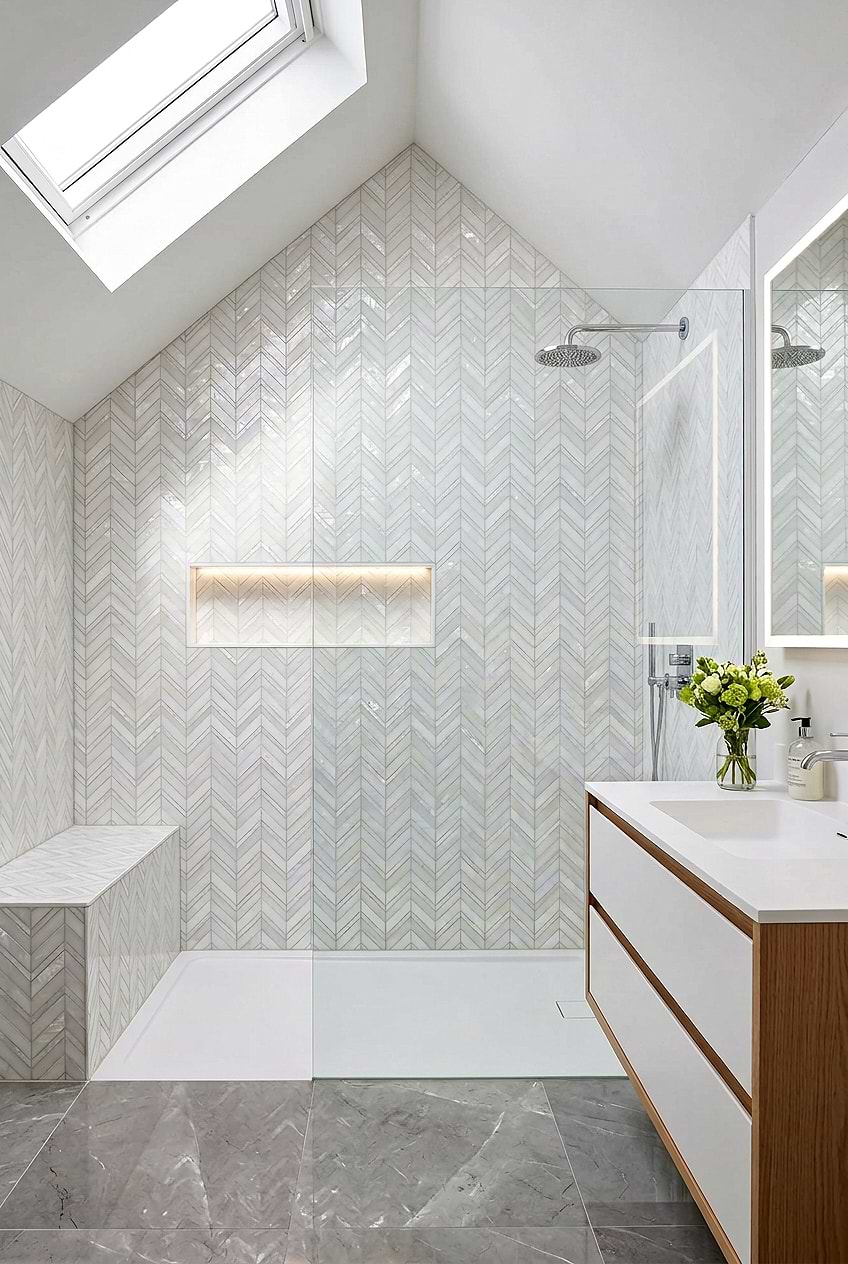 White Pearl Marble Chevron Shower Tile BA8030