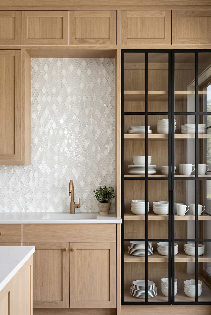 White Rhomboid Glass Marble Kitchen Design BA62046