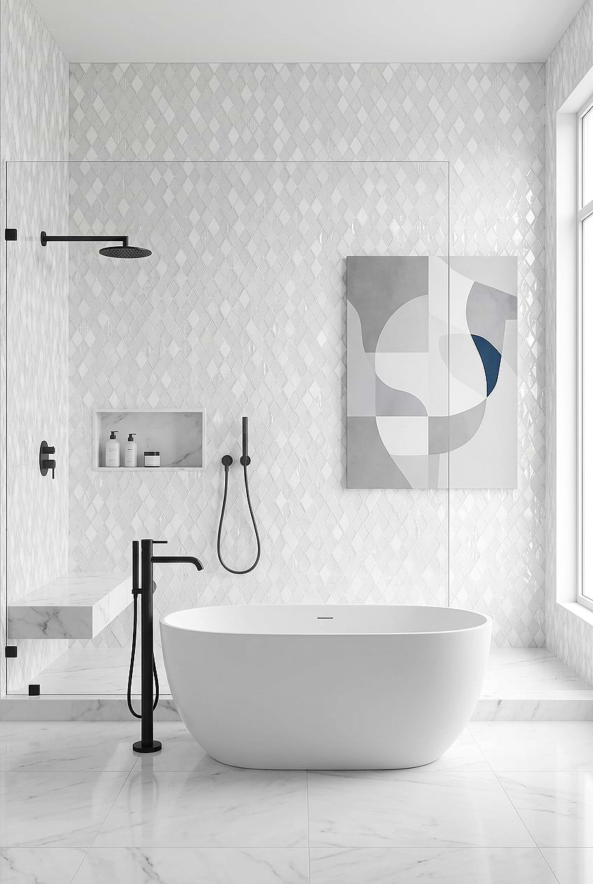White Rhomboid Shell Marble Shower Tile BA62046