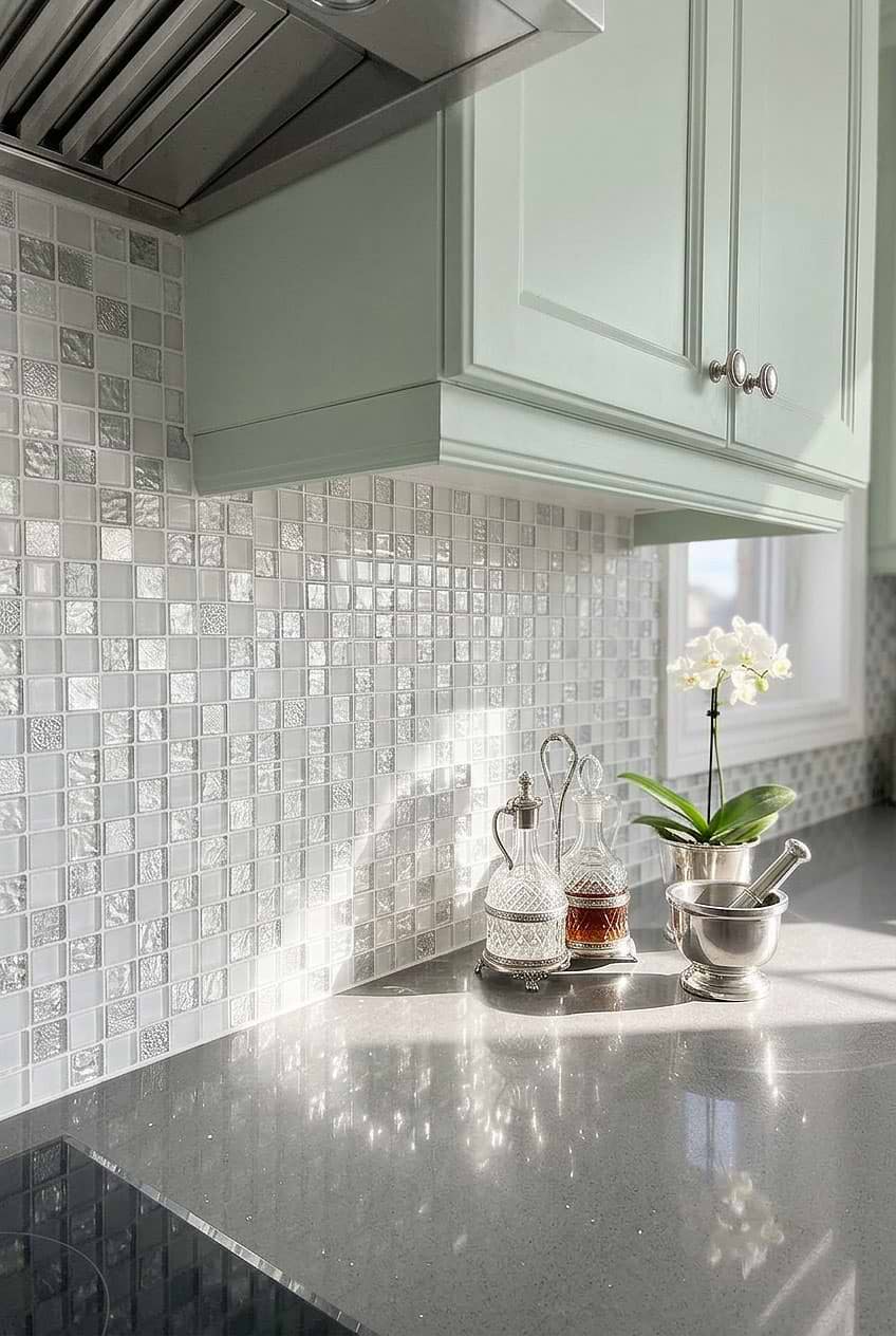 White Silver Glass Mosaic Kitchen Tile BA1206