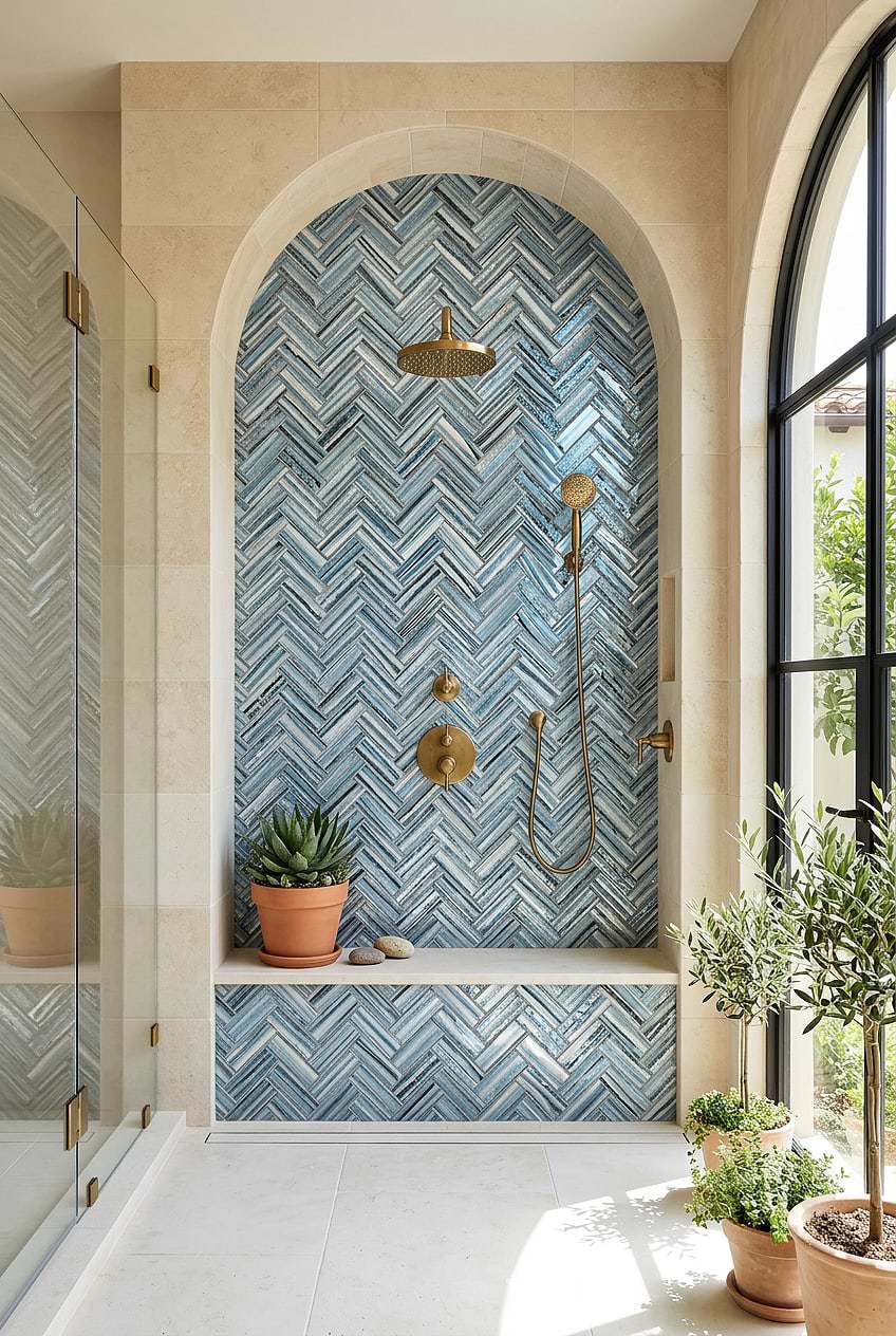 Arched Niche with Blue Glass Herringbone Shower Tile BA5525 Arched Niche with Blue Glass Herringbone Shower Tile BA5525