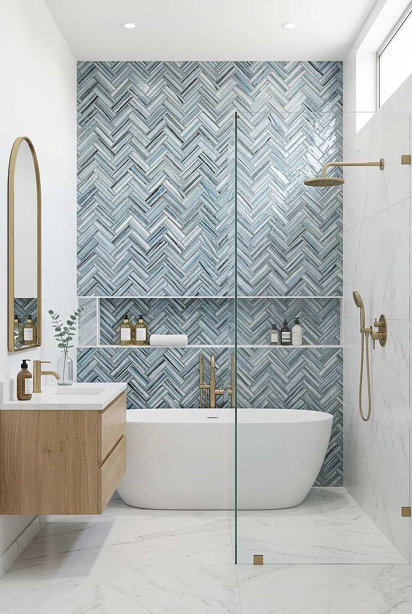 Arctic Blue Glass Herringbone Shower Wall Niche BA5525 Arctic Blue Glass Herringbone Shower Wall Niche BA5525