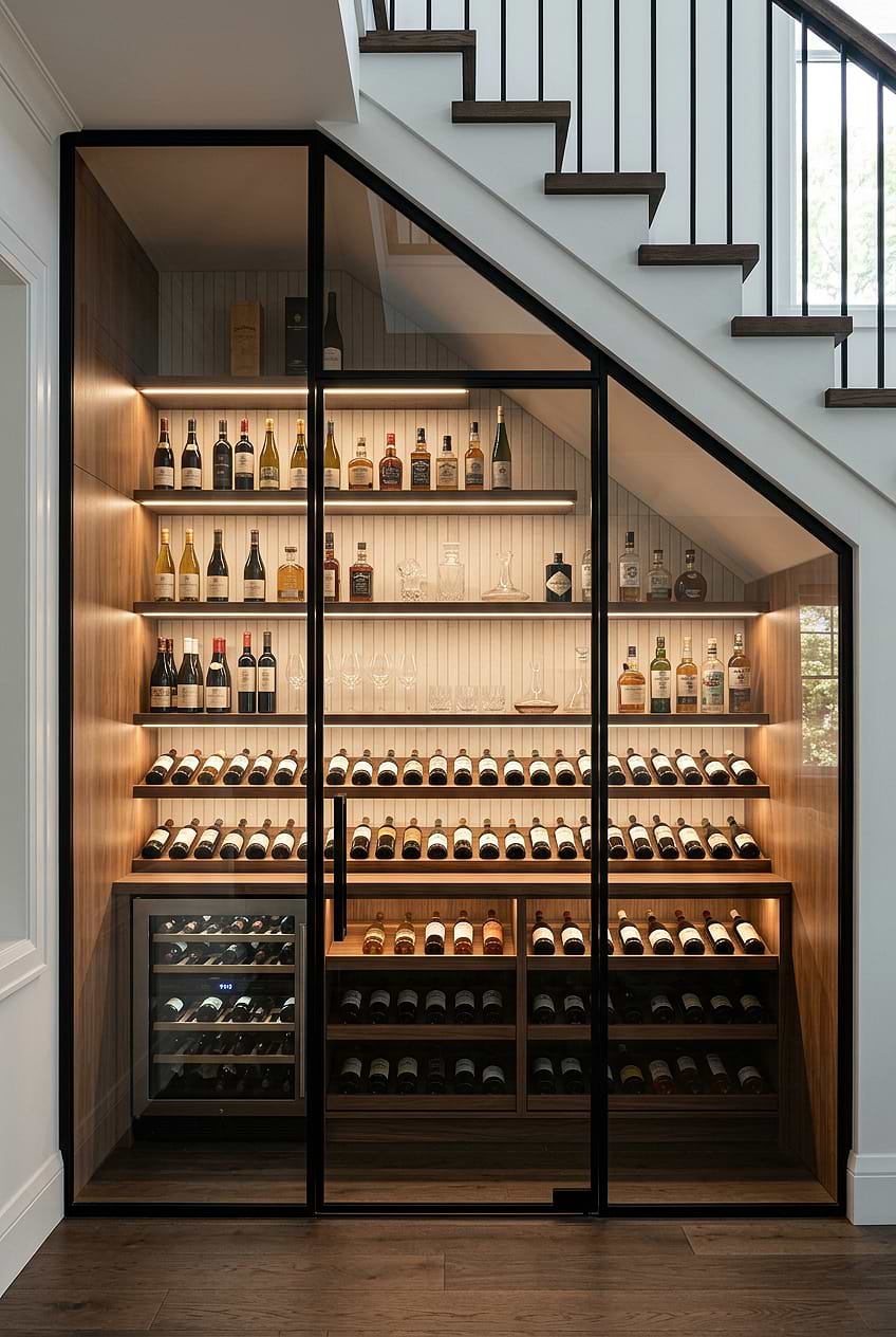 Beige Porcelain Tile Under Stair Wine Cellar BA4501 Beige Porcelain Tile Under Stair Wine Cellar BA4501