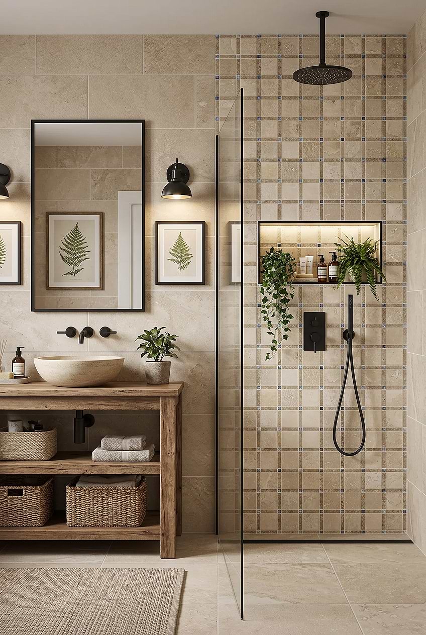 Beige Travertine Glass Mosaic Shower Tile BA1029