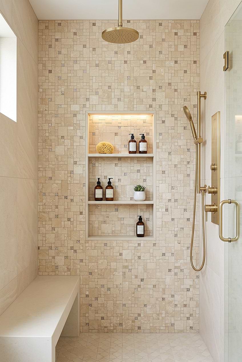 Beige Travertine Glass Mosaic Shower Wall BA1043 Beige Travertine Glass Mosaic Shower Wall BA1043