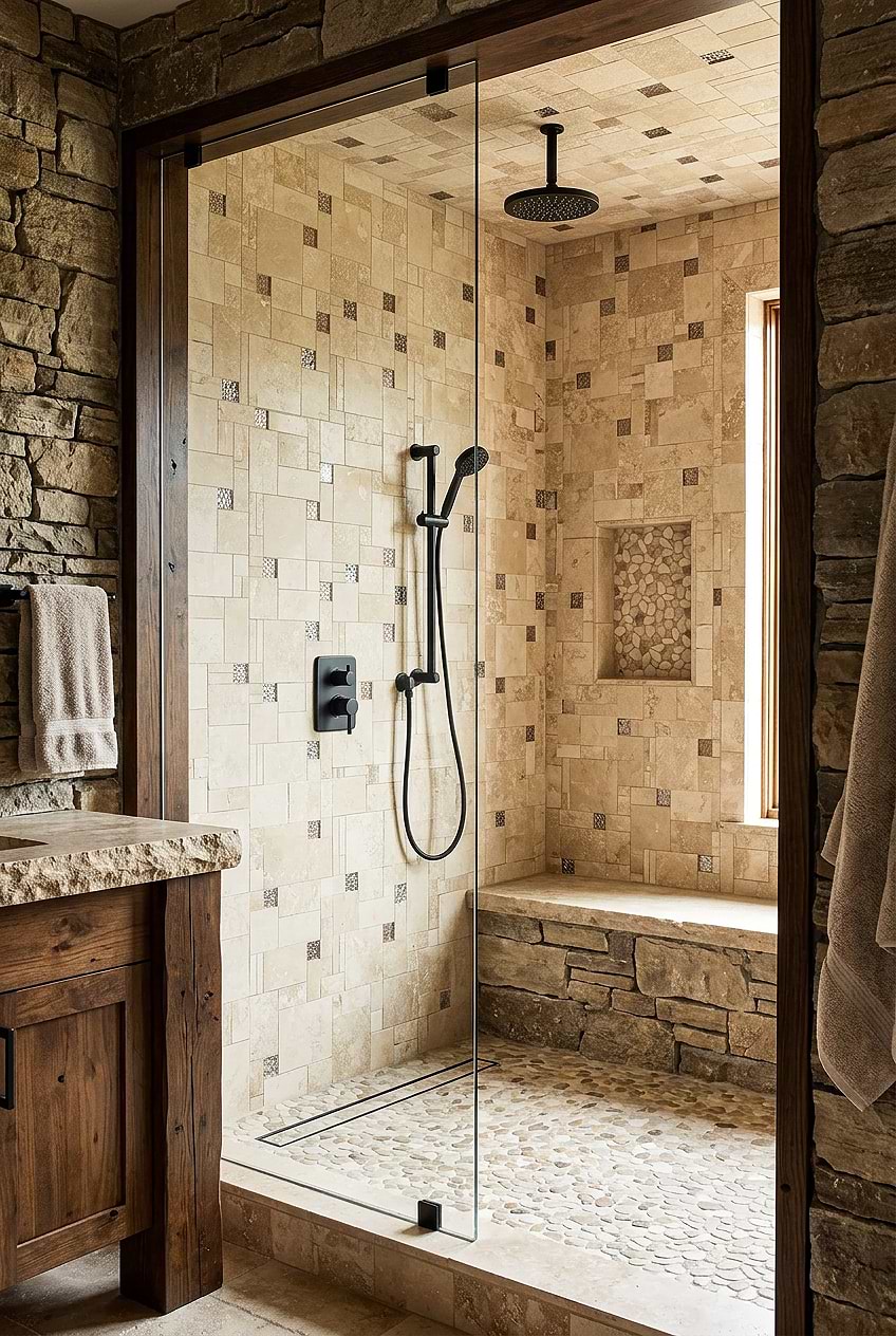 Beige Travertine Glass Rustic Shower Tile BA1043 Beige Travertine Glass Rustic Shower Tile BA1043