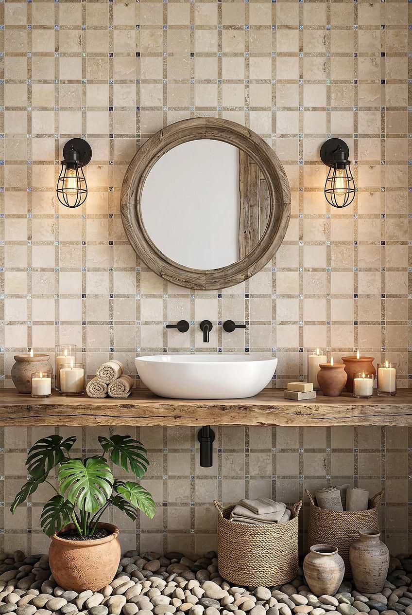 Beige Travertine Glass Rustic Vanity Tile BA1029