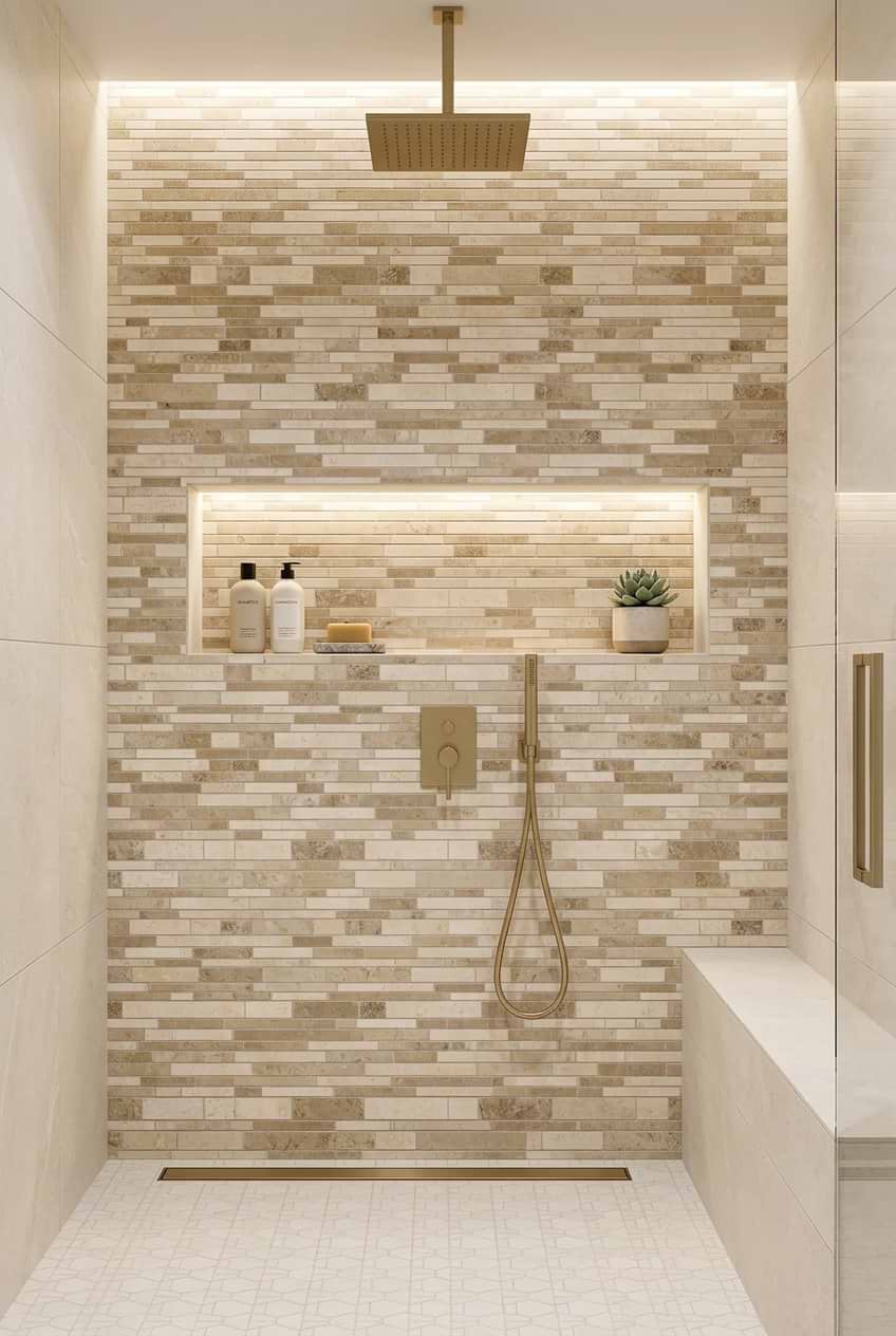 Beige Travertine Linear Mosaic Shower Wall BA1024 Beige Travertine Linear Mosaic Shower Wall BA1024