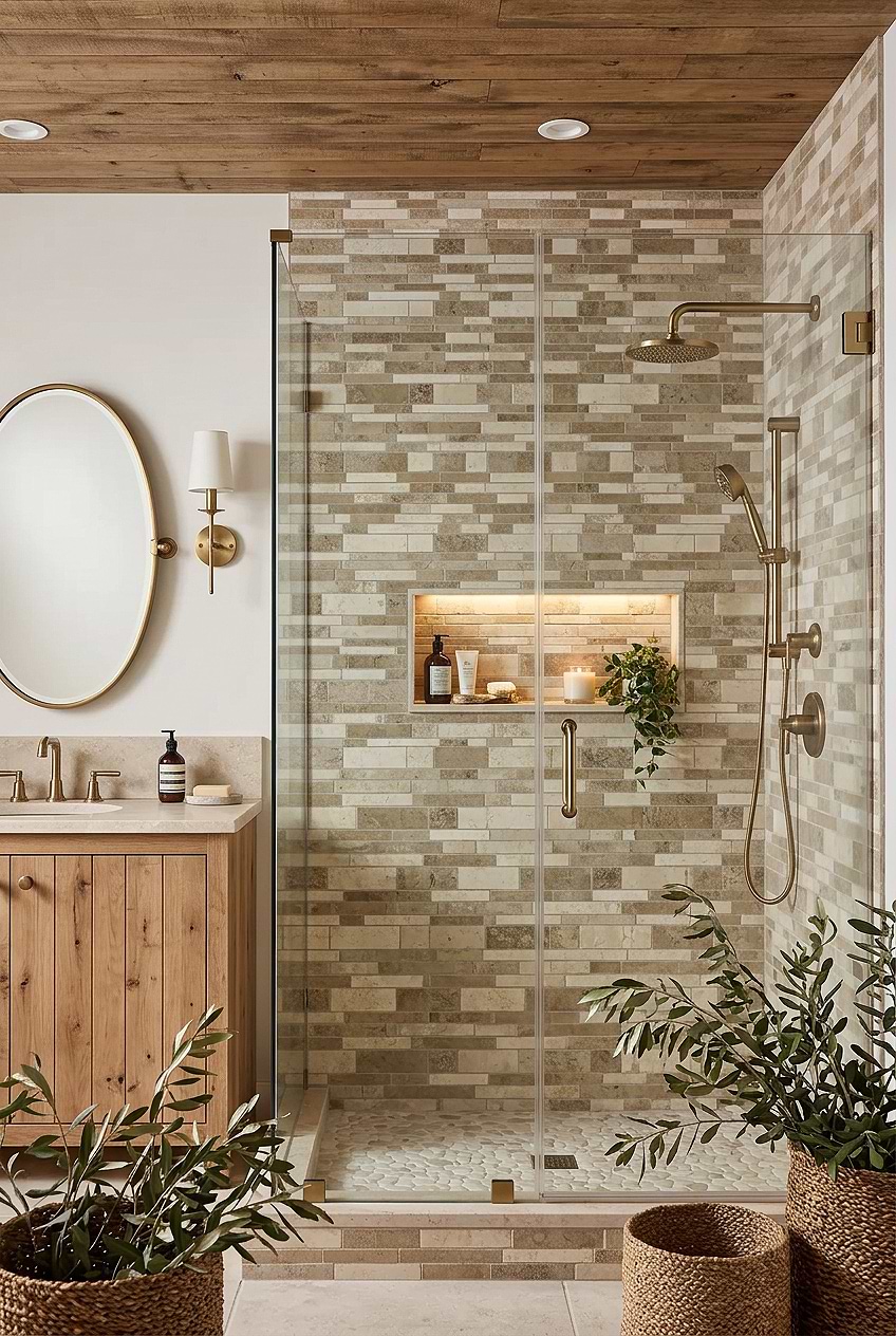 Beige Travertine Mosaic Shower Wall BA1024