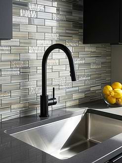 Black Cabinets Dark Gray Solid Surface Countertops with Glass Subway Tile BA5565