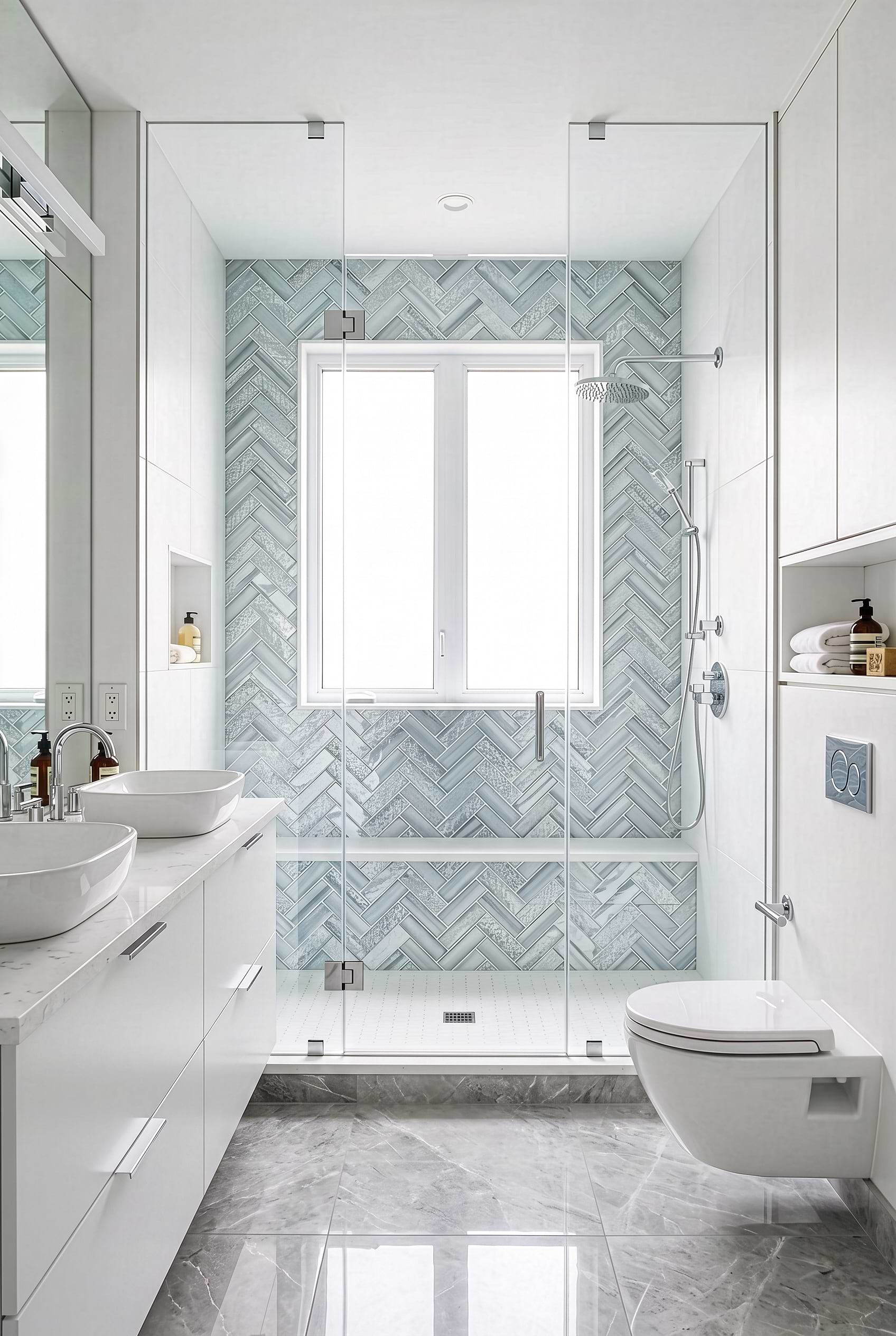 Blue Glass Herringbone Shower Wall Tile BA5507 LOT A