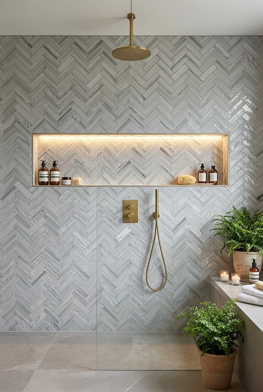 Blue Gray Glass Herringbone Shower Wall BA5507 LOT A Blue Gray Glass Herringbone Shower Wall BA5507 LOT A