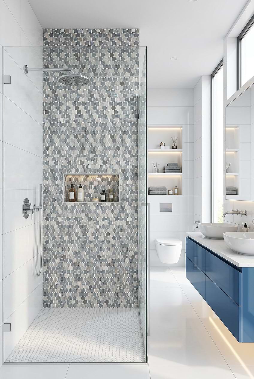 Blue Gray Hexagon Glass Shower Tile BA62026
