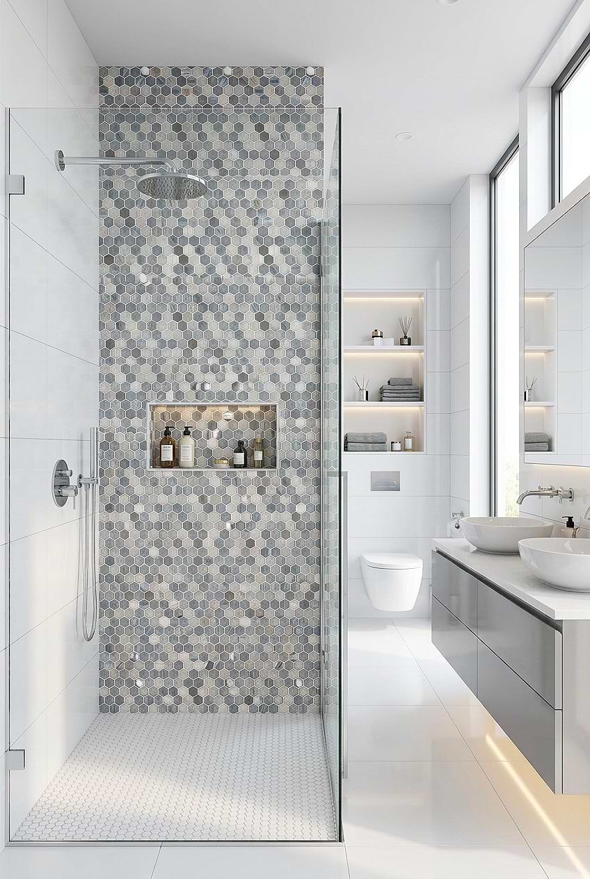 Blue Gray Hexagon Mosaic Shower BA62026 Blue Gray Hexagon Mosaic Shower BA62026