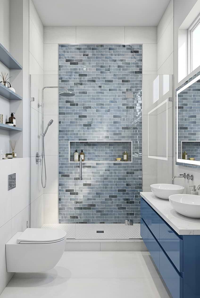 Blue Gray Sparkle Glass Subway Shower BA8010