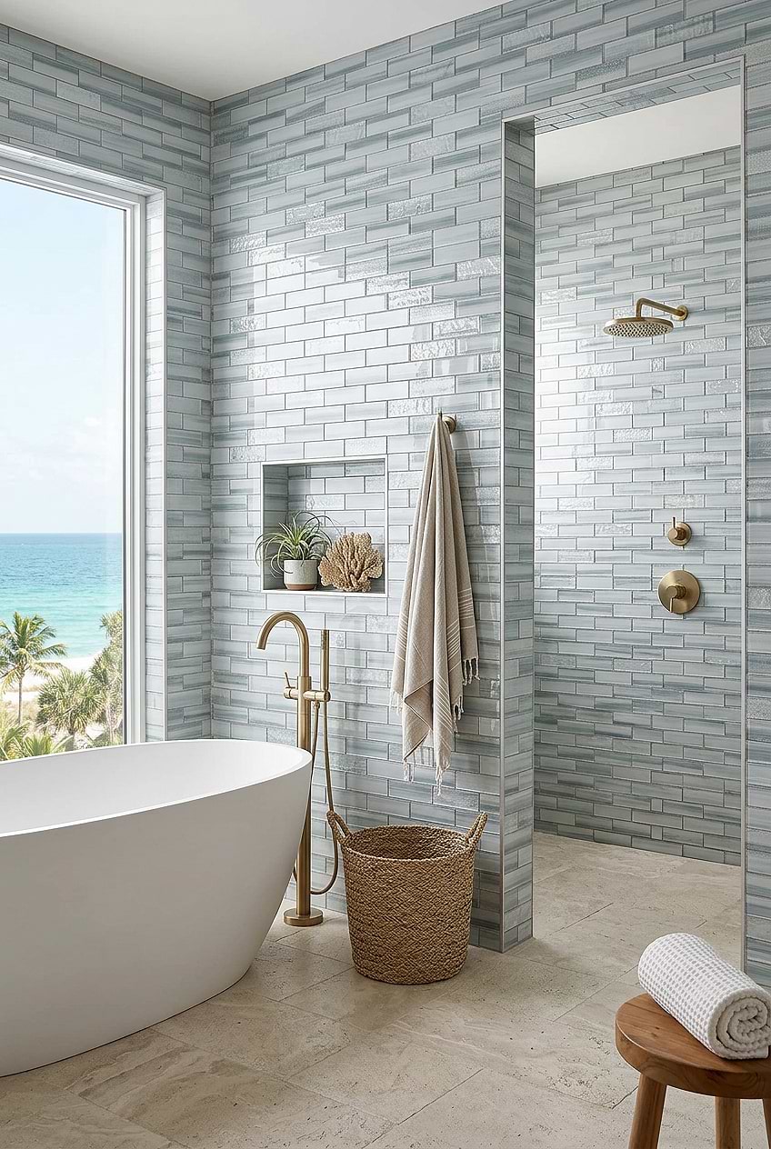 Blue Gray Textured Glass Tiled Walls BA5507 LOT B