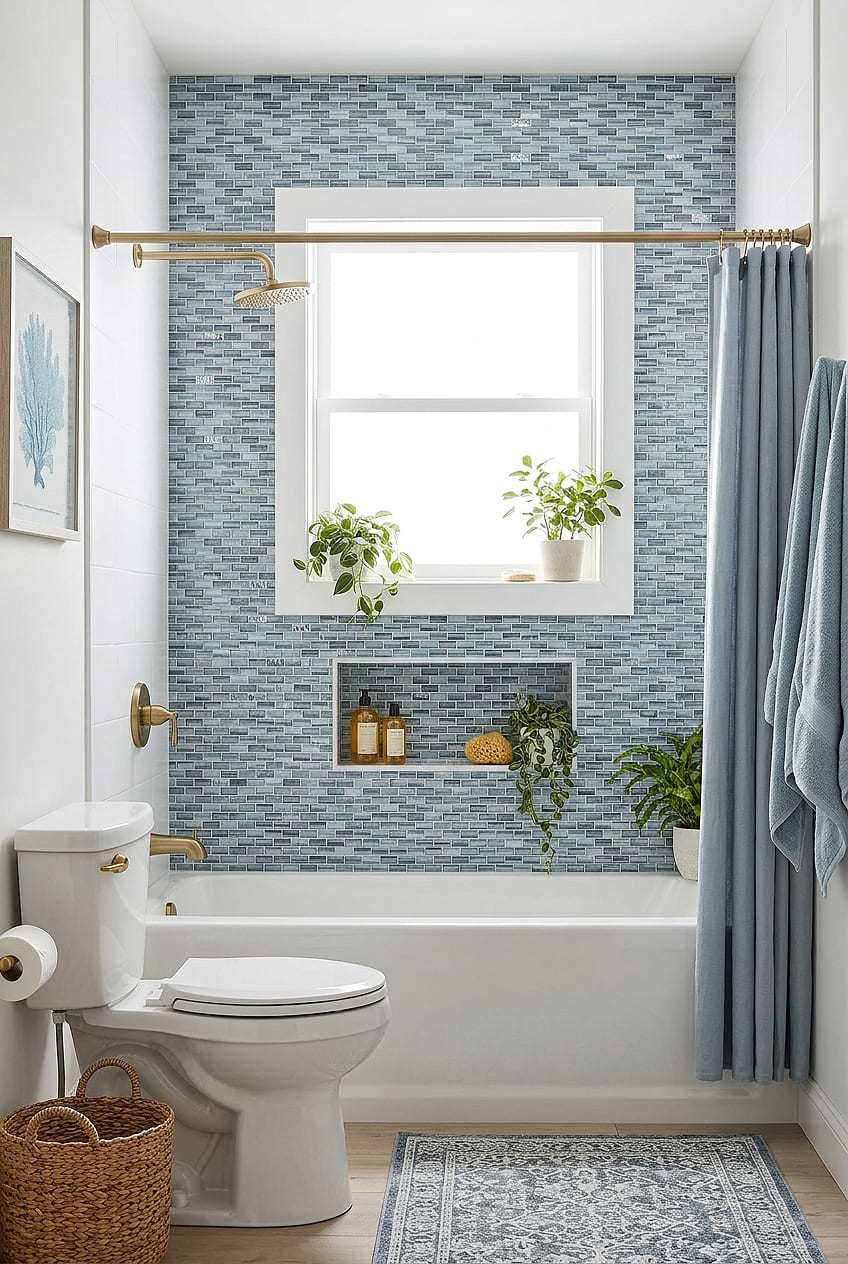 Blue Hand Painted Glass Bathroom Tile BA5516