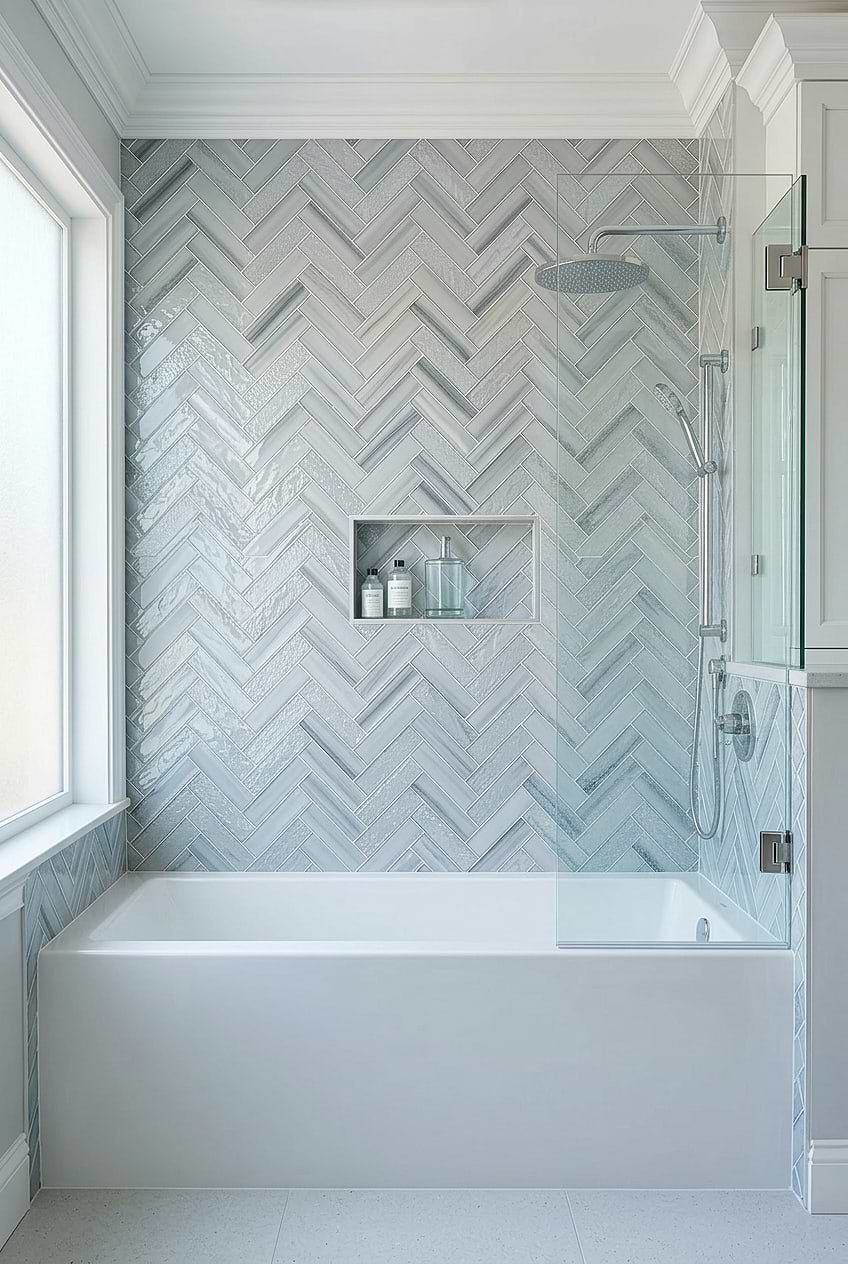 Blue Hand Painted Glass Herringbone Shower BA5507 A Blue Hand Painted Glass Herringbone Shower BA5507 A