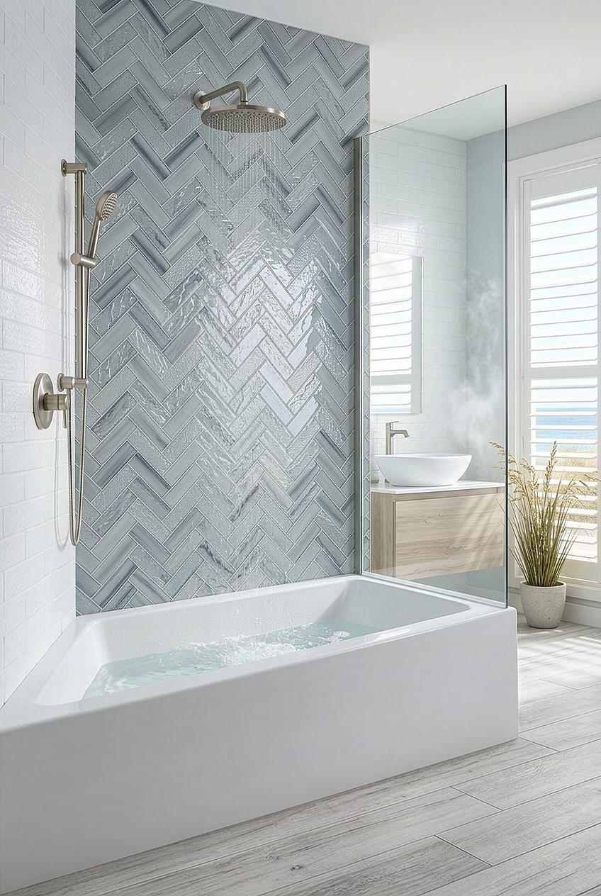 Blue Hand Painted Glass Herringbone Shower Tile BA5507 A Blue Hand Painted Glass Herringbone Shower Tile BA5507 A