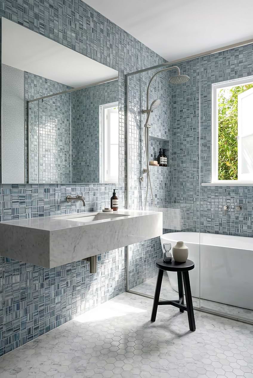 Blue Hand Painted Glass Mosaic Shower BA5515 Blue Hand Painted Glass Mosaic Shower BA5515