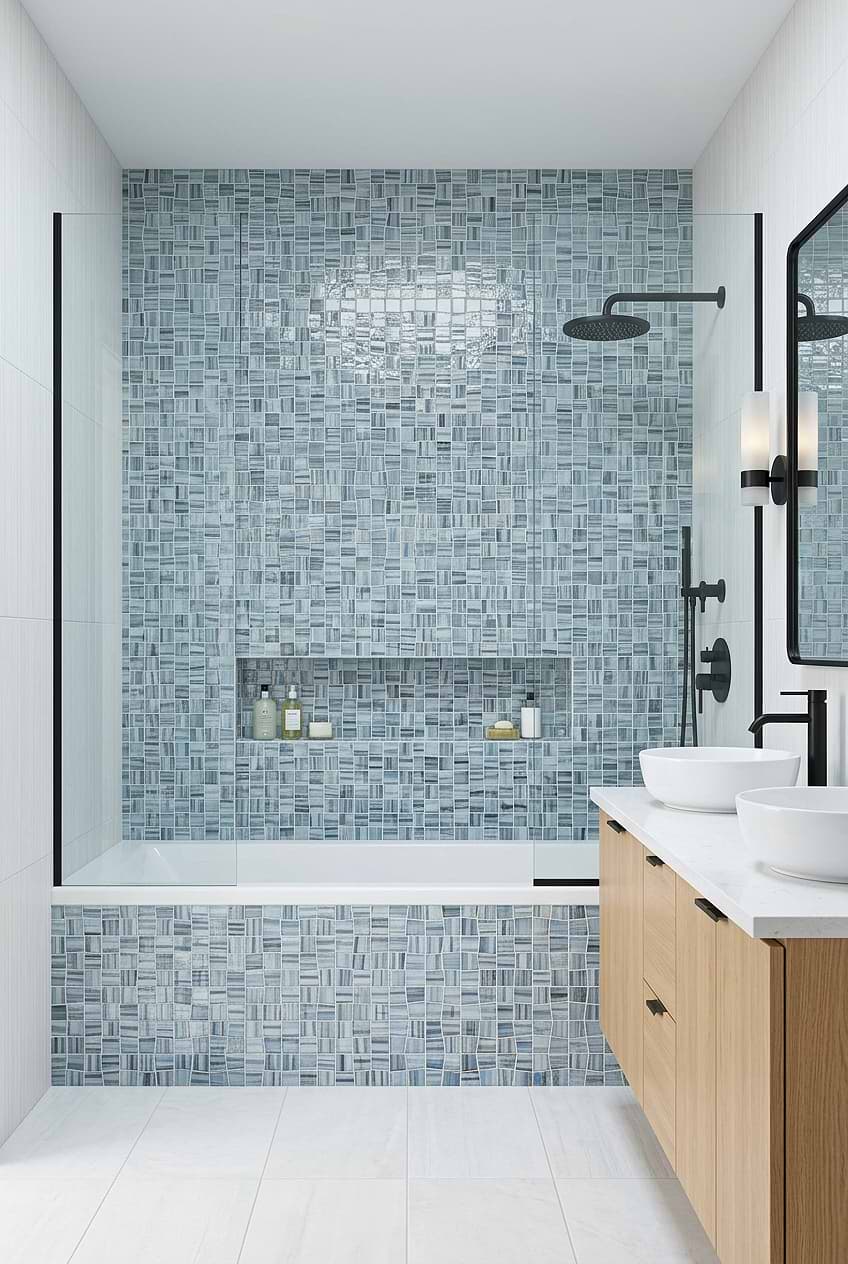 Blue Hand Painted Glass Shower Wall BA5515 Blue Hand Painted Glass Shower Wall BA5515